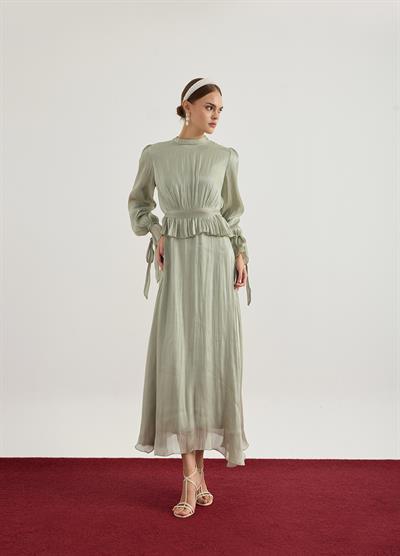Su Yeşili Büzgü Detaylı Janjan Elbise