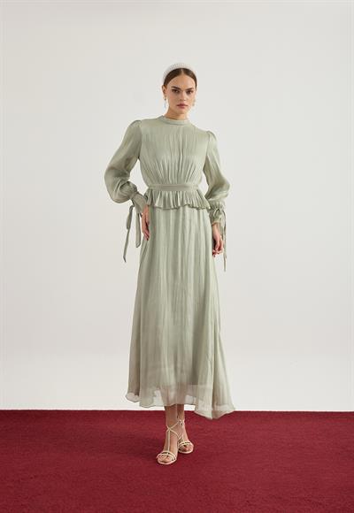 Su Yeşili Büzgü Detaylı Janjan Elbise