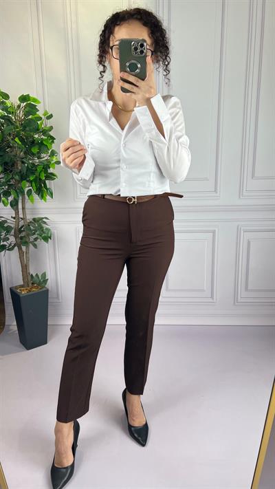 KEMERLİ KUMAŞ PANTOLON KAHVE