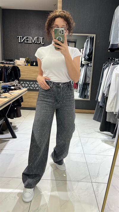 WİDE LEG  TAŞLI JEAN PANTOLON  GRİ