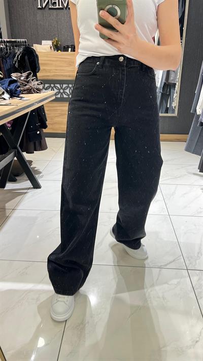 WİDE LEG  TAŞLI JEAN PANTOLON  SİYAH