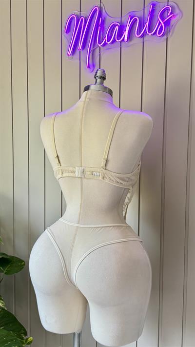 Ekru Balenli Çiçek Desenli Tül Bodysuit