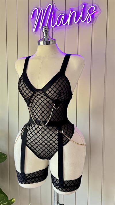 Siyah File Desenli Zincirli Jartiyer Bodysuit 