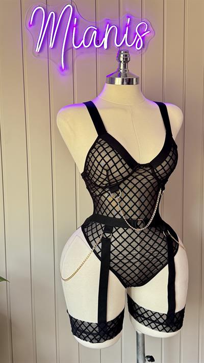 Siyah File Desenli Zincirli Jartiyer Bodysuit 