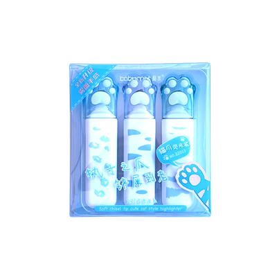 3lü Patili Fosforlu Kalem Seti Mavi - Sevimli Kedi Patisi İşaretleme Kalemi Highlighter