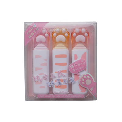 3lü Patili Fosforlu Kalem Seti Pembe - Sevimli Kedi Patisi İşaretleme Kalemi Highlighter