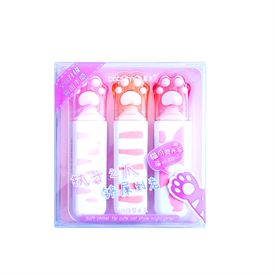 3lü Patili Fosforlu Kalem Seti Pembe - Sevimli Kedi Patisi İşaretleme Kalemi Highlighter