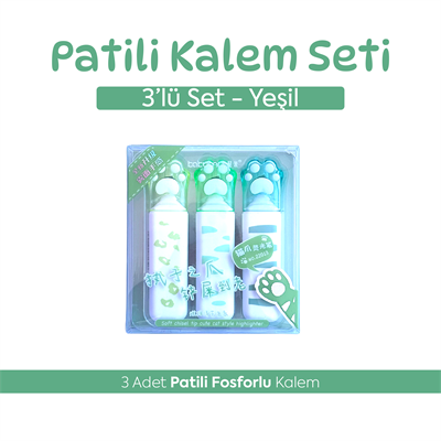 3lü Patili Fosforlu Kalem Seti Yeşil - Sevimli Kedi Patisi İşaretleme Kalemi Highlighter