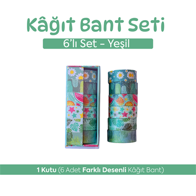 6lı Yeşil Washi Tape Seti - Dekoratif Kâğıt Bant