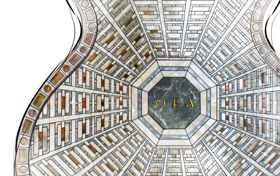 Katedral mermer desenini yeniden yorumlayan gitar gövdesi mozaiği