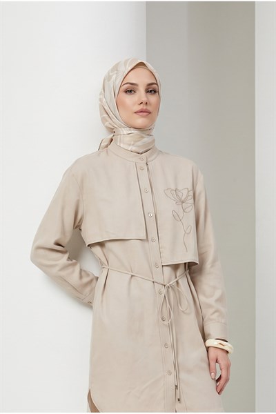 Aller Detaylı Beli İpli Çiçek Desen İşlemeli Tunik Taş 26YT407