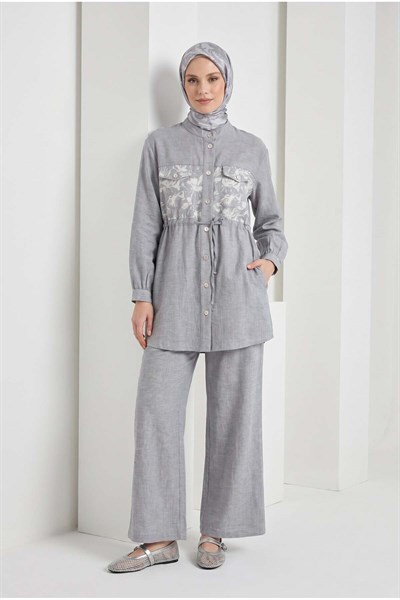 Çiçek Desenli Beli Büzgülü Tunik ve Geniş Paça Pantolonlu Takım İndigo 26YT6156