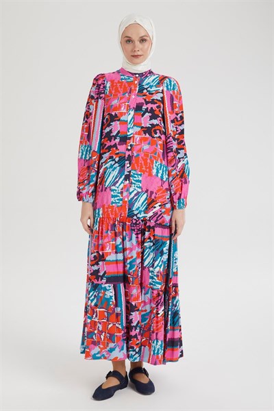 Desenli Renkli Elbise Pembe 24YT952