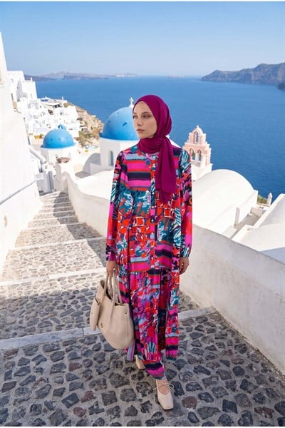 Desenli Renkli Elbise Pembe 24YT952