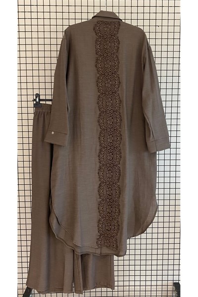 Trend Omuz ve Sırt İşlemeli Oversize Keten Kumaş 120 cm Boydan İkili Takım