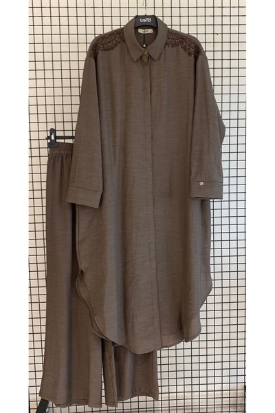 Trend Omuz ve Sırt İşlemeli Oversize Keten Kumaş 120 cm Boydan İkili Takım