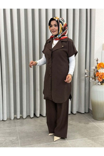 TREND PAMUK TENCEL YELEKLİ TAKIM KAHVERENGİ
