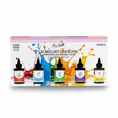Dr. Gusto 5li Likit Su Bazlı Gıda Boyası - Sarı, Kırmızı, Mavi, Mor, Yeşil 60 gr