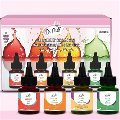 Dr. Gusto 8li Likit Su Bazlı Gıda Boyası Seti 25 gr - Kırmızı Turuncu Sarı Yeşil Pembe Mavi Siyah Mor
