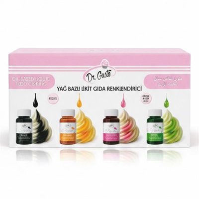 Dr. Gusto 8li Set Likit Yağ Bazlı Gıda Boyası 25 gr - Çikolata, Şeker Hamuru ve Pasta Dekorasyonu Boyası