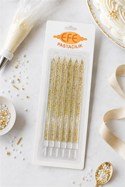 Beyaz Gold Simli Uzun Pasta Mumu 17 Cm