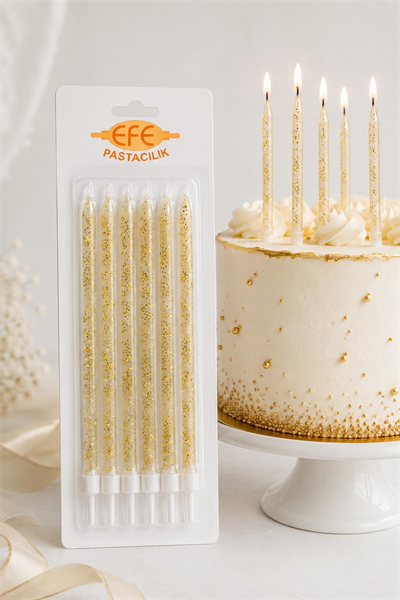 Beyaz Gold Simli Uzun Pasta Mumu 17 Cm