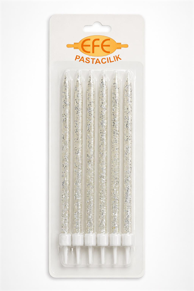 Beyaz Gümüş Simli Uzun Pasta Mumu 17 Cm