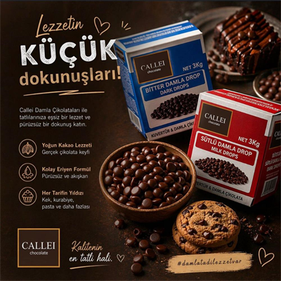 Callei Chocolate Bitter Damla Çikolata 3 KG – Pasta, Kurabiye ve Profesyonel Tatlı Tarifleri İçin Yoğun Bitter Çikolata