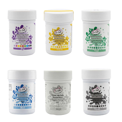 Çikolata Boyası 30 GR 6’lı Set – Mor, Siyah, Mavi, Yeşil, Beyaz Yağ Bazlı Gıda Boyası (Kakao Yağı & Çikolata İçin)