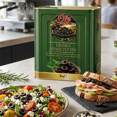 Dilimli Siyah Zeytin 8 Kg – Pizza, Poğaça ve Pastane Ürünleri İçin Hazır Dilim Siyah Zeytin