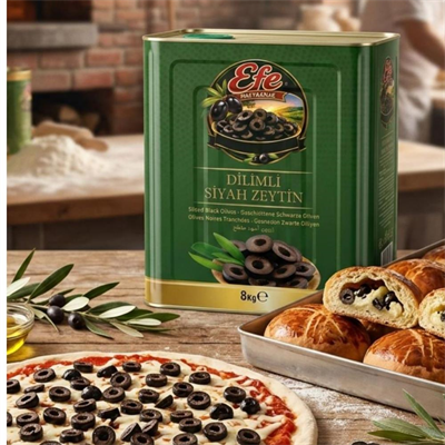 Dilimli Siyah Zeytin 8 Kg – Pizza, Poğaça ve Pastane Ürünleri İçin Hazır Dilim Siyah Zeytin