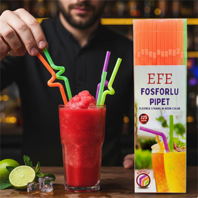 Fosforlu Pipet 24 cm – 225’li Karışık Renk | Kafe Tipi Renkli Uzun Pipet