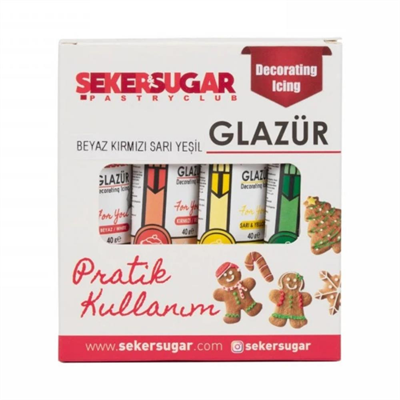 Glazür 4’lü Süsleme Seti 40 g – Beyaz, Kırmızı, Sarı, Yeşil | Pasta ve Kurabiye Dekoru
