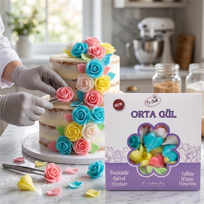 Gofret Gül Orta Boy 50 Adet (100 Yaprak) – Yenilebilir Pasta Süsleme Gülü