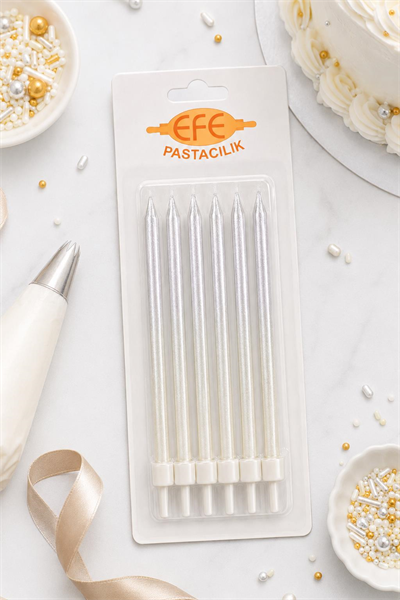 Gümüş Beyaz Uzun Pasta Mumu 17 Cm