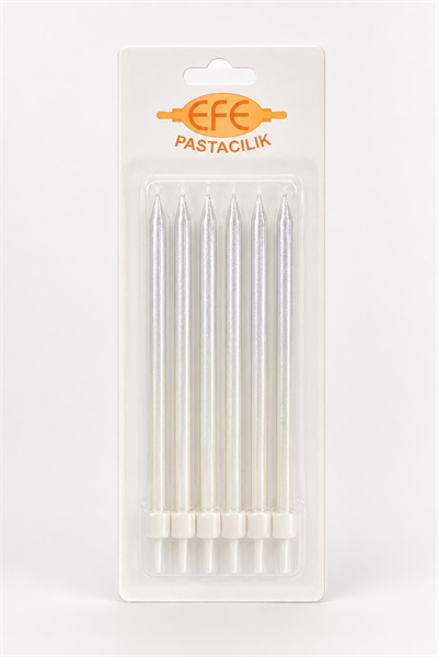 Gümüş Beyaz Uzun Pasta Mumu 17 Cm