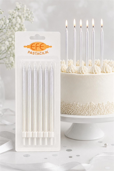 Gümüş Beyaz Uzun Pasta Mumu 17 Cm