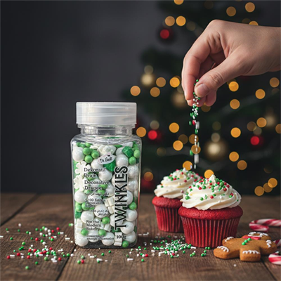 Kar Taneli Cupcake Pasta Süsleme Şekeri Yeşil–Beyaz 100 g | Yılbaşı Temalı Dekor Şekeri