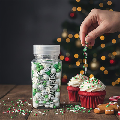 Kar Taneli Cupcake Pasta Süsleme Şekeri Yeşil–Beyaz 100 g | Yılbaşı Temalı Dekor Şekeri