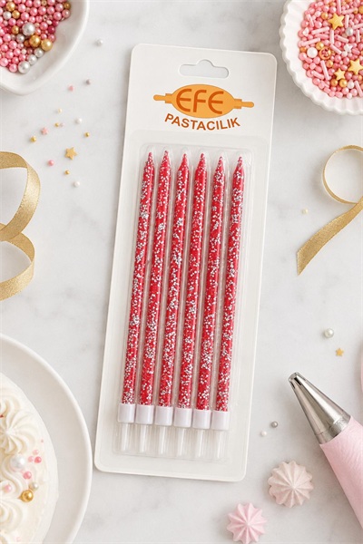 Kırmızı Gümüş Simli Uzun Pasta Mumu 17 Cm