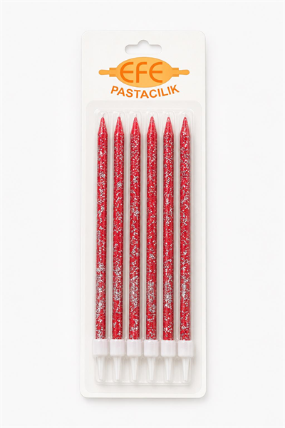 Kırmızı Gümüş Simli Uzun Pasta Mumu 17 Cm
