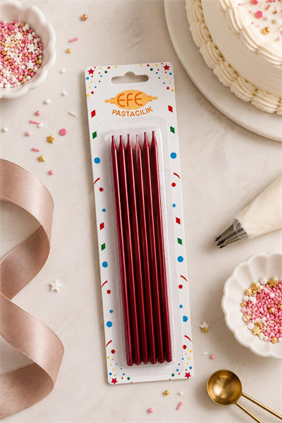 Kırmızı Metalik Uzun Pasta Mumu 20 Cm