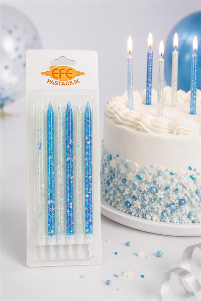 Mavi Beyaz Uzun Pul Simli Pasta Mumu 17 Cm