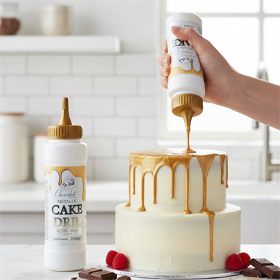 Metalik Altın Cake Drip 250 g – Pasta ve Tatlı Üzeri Parlak Altın Çikolata Kaplama Sosu