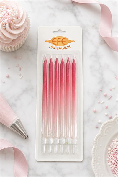 Metalik Beyaz Bordo Uzun Pasta Mumu 17 Cm