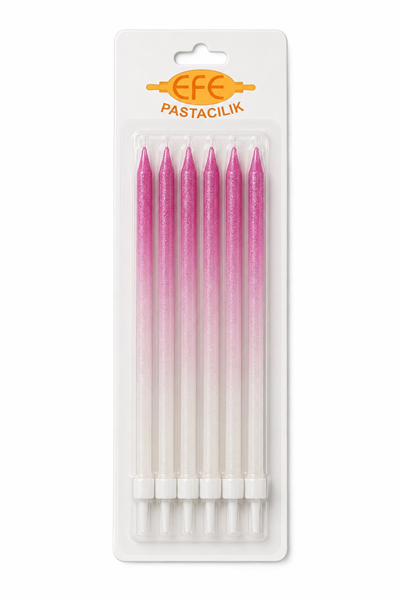 Metalik Beyaz Fuşya Uzun Pasta Mumu 17 Cm