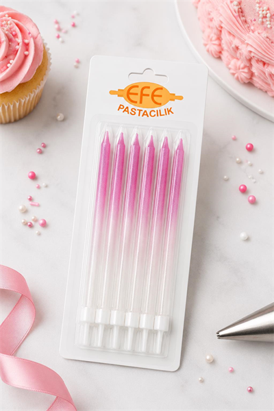 Metalik Beyaz Fuşya Uzun Pasta Mumu 17 Cm