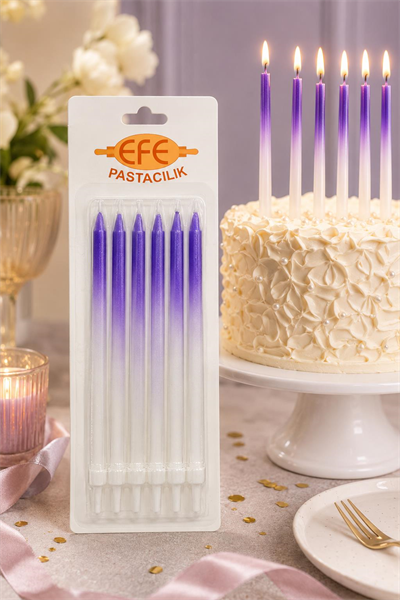 Metalik Beyaz Mor Uzun Pasta Mumu 17 Cm