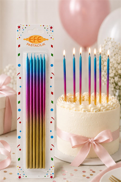 Metalik Gold Pembe Mavi Uzun Pasta Mumu 20 Cm
