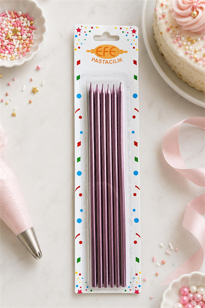 Metalik Rose Gold Pembe Uzun Pasta Mumu 20 Cm